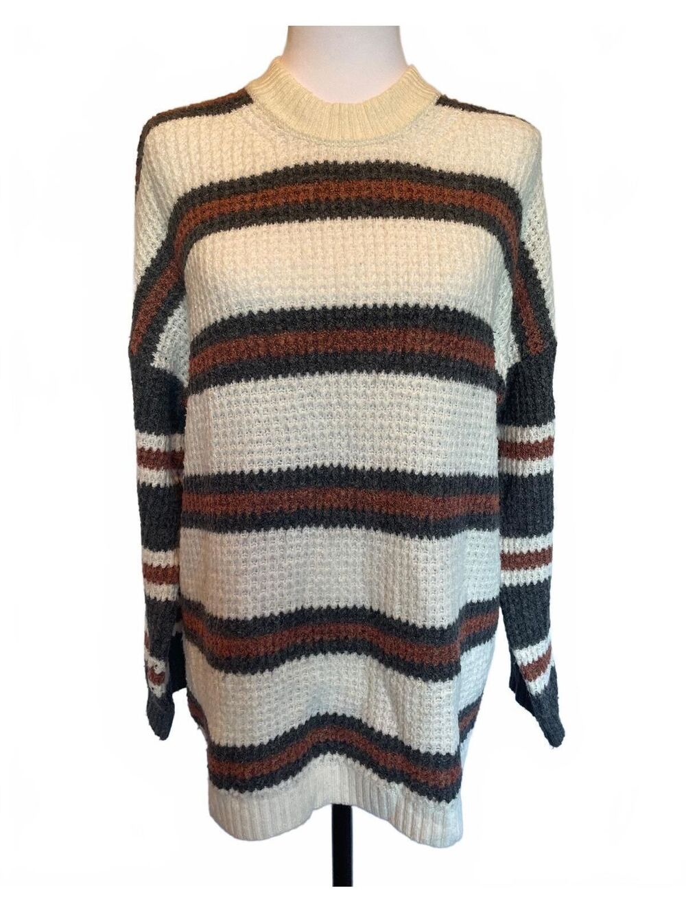 American Eagle Oversized Striped Waffle Knit Sweater XS Cream Brown Gray